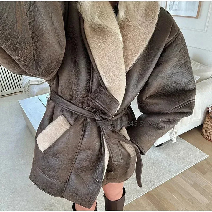 Women Sheepskin Neck Spliced Faux Leather Coat With Belt Fashion Loose Lapel Pocket Overcoat Lady Winter Warm Thicken Streetwear