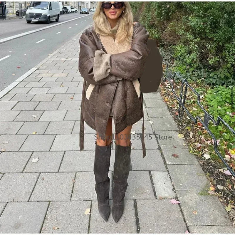 Women Sheepskin Neck Spliced Faux Leather Coat With Belt Fashion Loose Lapel Pocket Overcoat Lady Winter Warm Thicken Streetwear