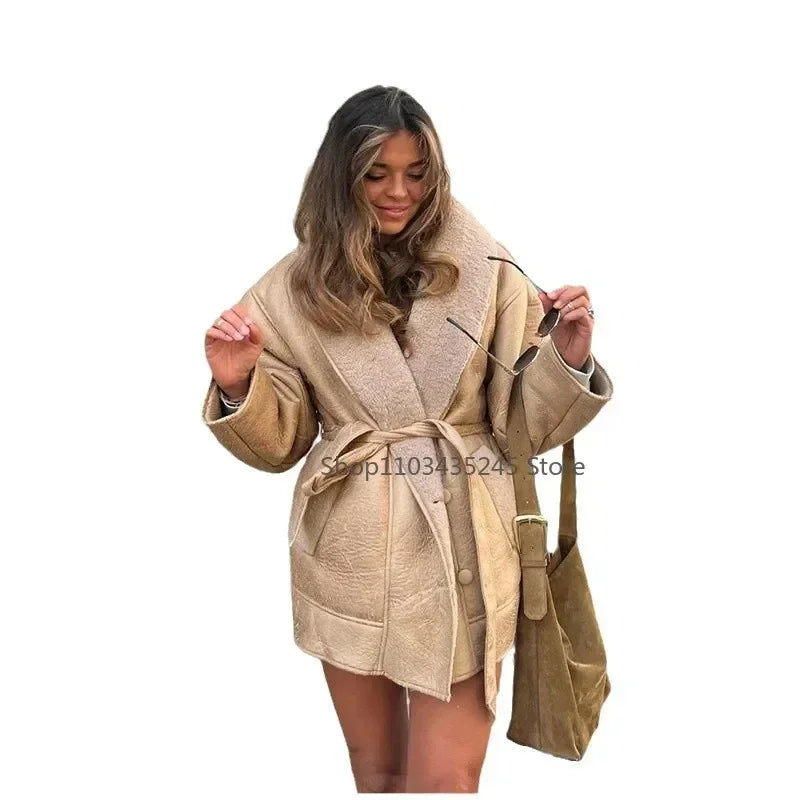 Women Sheepskin Neck Spliced Faux Leather Coat With Belt Fashion Loose Lapel Pocket Overcoat Lady Winter Warm Thicken Streetwear