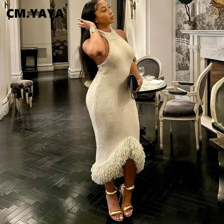 CM.YAYA Knitwear O-Neck Women Sleeveless Tassel Bodycon Long Dress 2025 Spring Sexy Night Club Birthday Party Evening Dresses