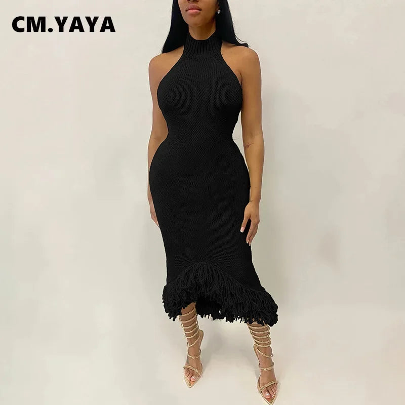 CM.YAYA Knitwear O-Neck Women Sleeveless Tassel Bodycon Long Dress 2025 Spring Sexy Night Club Birthday Party Evening Dresses