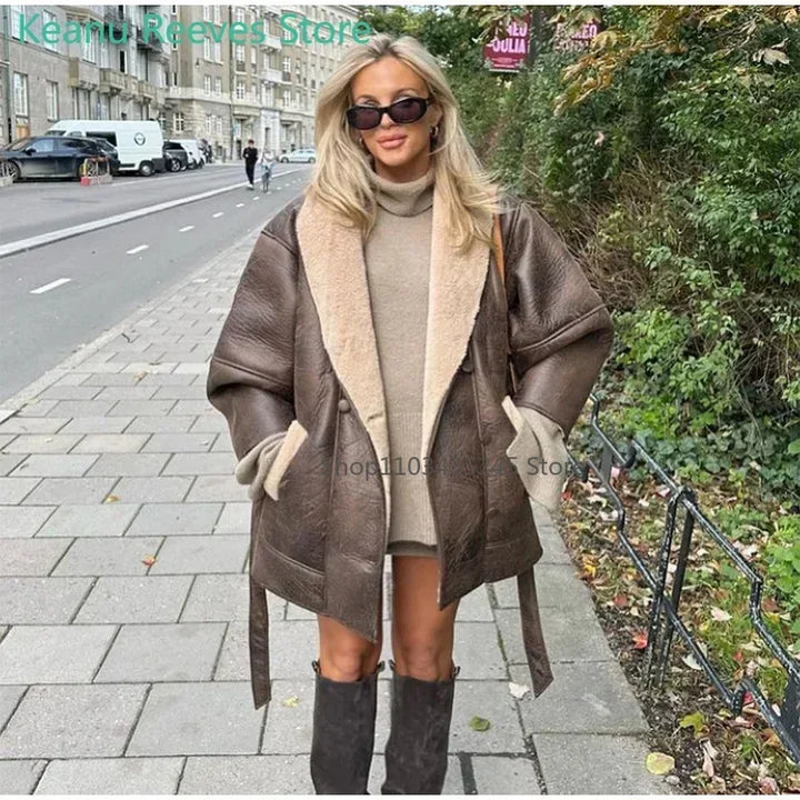 Women Sheepskin Neck Spliced Faux Leather Coat With Belt Fashion Loose Lapel Pocket Overcoat Lady Winter Warm Thicken Streetwear