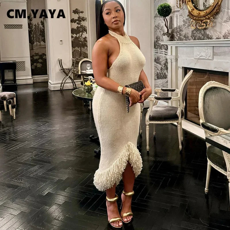 CM.YAYA Knitwear O-Neck Women Sleeveless Tassel Bodycon Long Dress 2025 Spring Sexy Night Club Birthday Party Evening Dresses